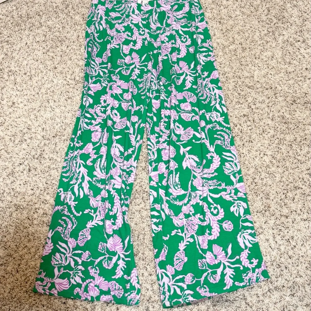 Lilly Pulitzer Allena Knit Palazzo Pants in Brazilian Green Salty Sandbar Large - Picture 2 of 6